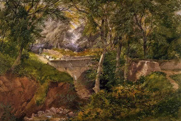 Paysage boisé avec des moutons traversant un pont, 1868