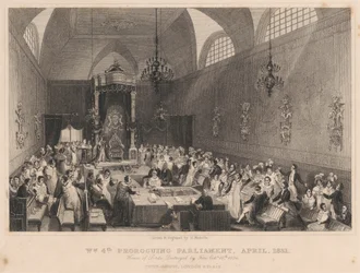 Guillaume IV prorogeant le Parlement, avril 1831. Chambre des Lords : détruite par le feu le 16 octobre 1834