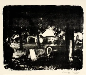 Cimetière, tombes sous de grands arbres