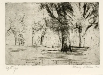 Parc avec deux promeneurs et une lanterne