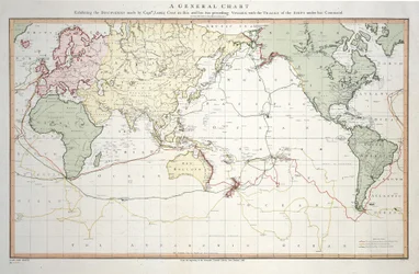 Carte générale montrant les découvertes faites par le capitaine James Cook lors de ce voyage et de ses deux précédents, avec les routes des navires sous son commandement. Par le lieutenant Roberts de la Marine Royale