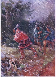 Indiens rouges chassant dans une tempête de neige