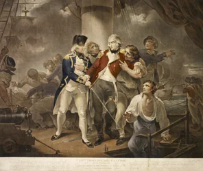 Capt. Trollope dans le Glatton de 54 caronades engageant une escadre française de 8 navires de guerre portant 230 canons, gravé par James Daniell, 1797