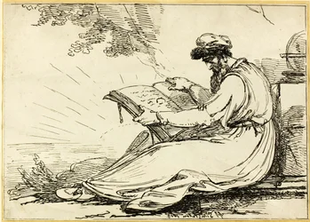 Oriental avec une barbe, lisant un livre