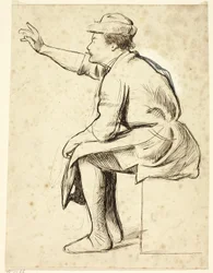 Homme assis avec le bras levé