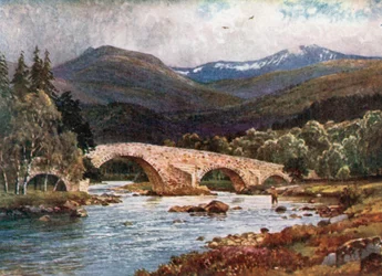Old Mar Bridge et Lochnagar, Aberdeenshire (lithographie couleur)