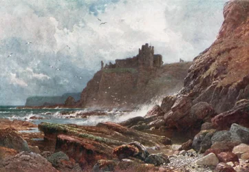 Château de Tantallon, sur la côte du Haddingtonshire (lithographie couleur)