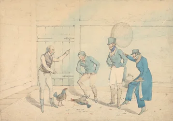Un combat de coqs observé par quatre hommes dans une dépendance : La Mort, gravé comme planche 40 dans « The National Sports of Great Britain »