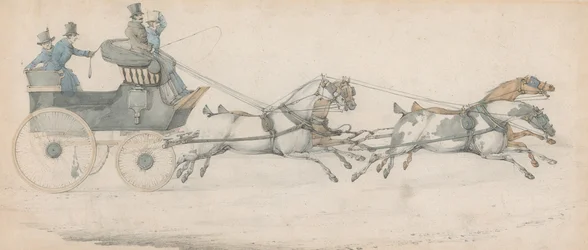 Un gentleman conduisant un attelage à quatre chevaux devant un phaéton postal, accompagné de trois palefreniers