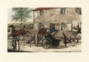 Gentlemen anglais dans une voiture à deux chevaux essayant de sauter une barrière de péage