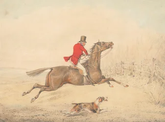 Cavalier sur un cheval brun sur le point de sauter une clôture vers la droite