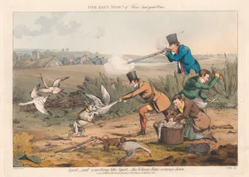 Ensemble de six avec couverture imprimée et page de titre : La chasse, ou une journée de plaisir de trois très bons compagnons