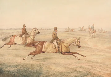 Deux cavaliers entraînant des chevaux au galop
