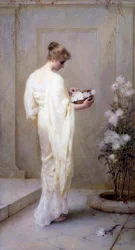 "Divinely Fair" Jeune femme vetue de blanc et tenant des fleurs, symbolisant la purete. Peinture de Henry Thomas Schaefer (1845-1915) 1893 (pre-raphaelite) Collection privee