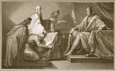 Le Livre du Jugement Dernier présenté à Guillaume Ier, gravé par J. Fittler, illustration de 