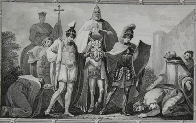 Henri et Louis conduisant le Pape au château de Torci, gravé par Saunders, illustration de 