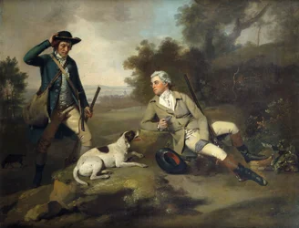 Un gentleman allongé avec un fusil et un chien et son garde-chasse debout à proximité