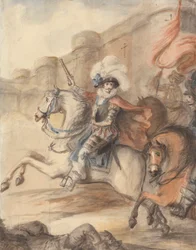 Un officier de cavalerie (Henri IV) menant une charge devant un château