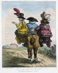 Moi avec ma femme et ma fille - dans "Caricatures anglaises sur les manières de monter à cheval", ill. par H. W. Bunbury, éd. John Stockdale