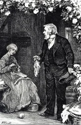 Gravure représentant une femme tricotant