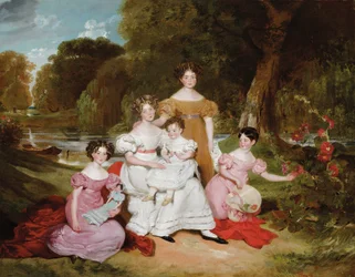 Portrait de groupe de la famille Ward Hunt dans un paysage devant une rivière