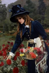 The Flower Girl. Une jeune femme cueille des fleurs dans un jardin pour les deposer dans un panier. Elle porte un grand chapeau, un robe de velours bleue et des gants. Ses cheveux sont coiffees de boucles anglaises. Son chale est plie sur le bras. Peinture