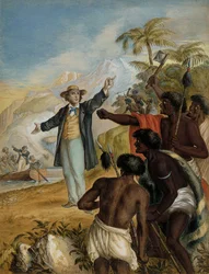 Un missionnaire écossais débarquant confronté par des Maoris en guerre, 1868