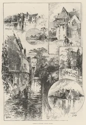 Croquis en promenade, maisons entourées de douves