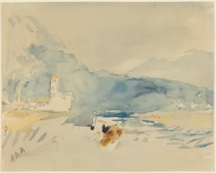 Un paysage avec des montagnes et un ruisseau