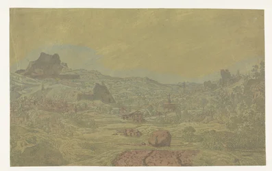 Vallée avec une rivière et une ville avec quatre tours