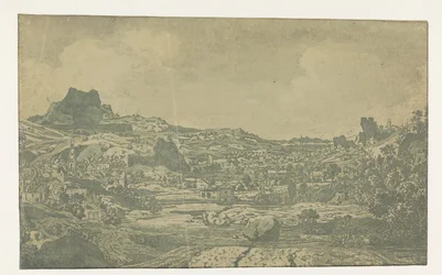 Vallée avec une rivière et une ville avec quatre tours