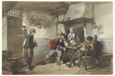 Quelques hommes et un soldat dans une auberge