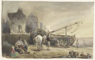 Vue de plage avec des bateaux et des pêcheurs