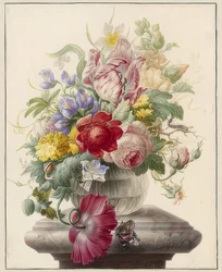 Fleurs dans un vase en verre et un papillon. Vers 1700