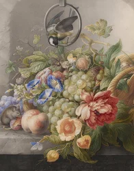 Nature morte de fleurs, fruits, une mésange et une souris