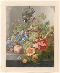 Nature morte avec fleurs, fruits, une mésange charbonnière et une souris