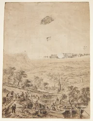 Paysage panoramique avec paysans, pêcheurs et une église de village