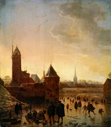 Patinage sur glace devant les murs de la ville d