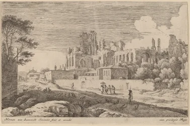 Paysage avec ruines et une femme avec un parasol