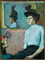 Dame au chapeau devant un miroir