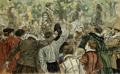 Henri de Guise (1549-1588), chef de la Ligue catholique, acclamé par les Parisiens après la journée des Barricades (12 mai 1588). Illustration de 1907 par Hermann Vogel (1856-1918). Collection particulière.
