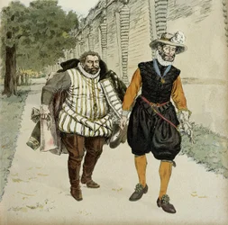 Henri IV (1553-1610) et Charles de Lorraine, duc de Mayenne (1554-1611). Première entrevue de réconciliation entre les deux ennemis, Mayenne, chef des ligueurs, et le roi, dans les jardins du château de Montceaux, dans la Brie, en 1596. Illustration