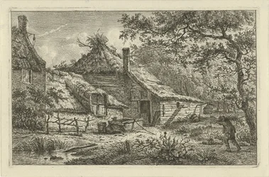 Cour de ferme avec homme portant du bois