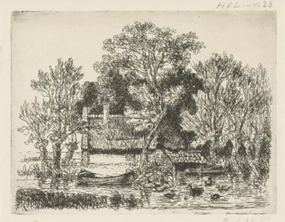 Paysage fluvial avec une barque et des canards