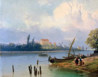 Personnes près des bateaux en Hollande, vers 1835-1882