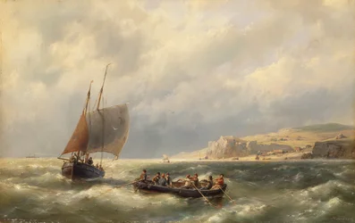 Paysage marin avec personnages dans des bateaux (huile sur toile)