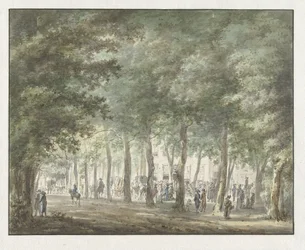 Vue dans le Haarlemmerhout, avec une foule de gens devant le Heerenlogement