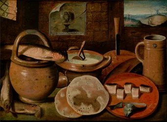 Hollandais : Nature morte avec poterie, hareng et crêpes ; à droite, vue sur un couple dans un paysage avec potence et moulin Nature morte avec un repas de pauvre composé de bouillie, fromage, hareng et crêpes