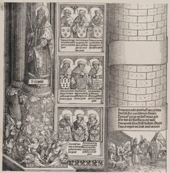 Maximilien en architecte, avec une statue de Saint Léopold, et des bustes des ancêtres de Maximilien, 1517-1518