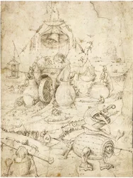 Paysage infernal par Bosch, Hieronymus (c. 1450-1516). Plume, encre indienne brune sur papier, c. 1500, Collection privée